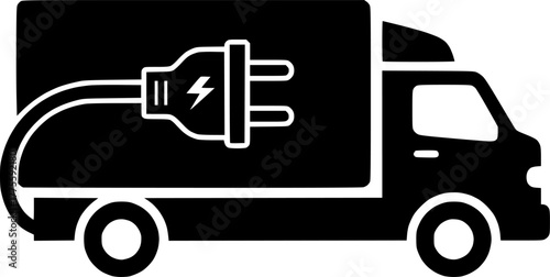 Electric plug in truck icons set in black and blue colors on white background
