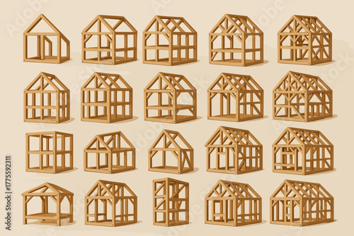 3D Wooden Frame House Structures – Timber Architecture and Construction Set