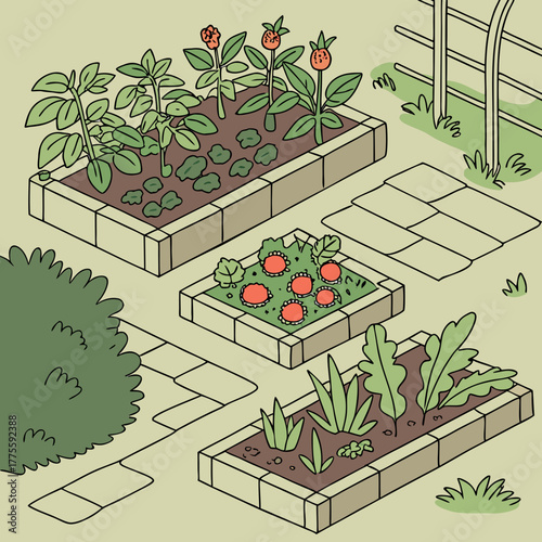 A charming illustration of a vegetable garden. It features neat rows of plants, flowers