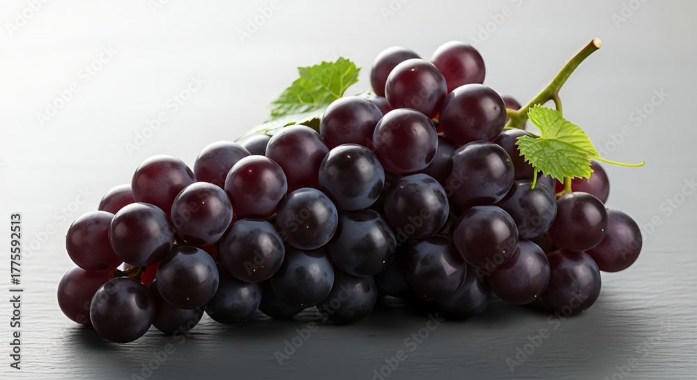 Fototapeta premium Fresh black grapes bunch with leaves close up macro shot healthy fruit food photo