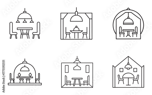 Collection of Dining Room Interior Design Line Art Illustrations for Restaurants and Homes with Tables Chairs and Lighting Fixtures