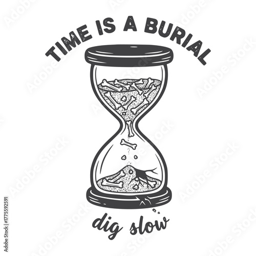 Time Is a Burial Hourglass Illustration – Gothic Tattoo Flash with Bones & Dark Philosophical Art