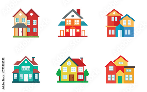 Collection of Diverse Colorful Houses in Flat Vector Illustration Style Representing Home Ownership and Real Estate Market
