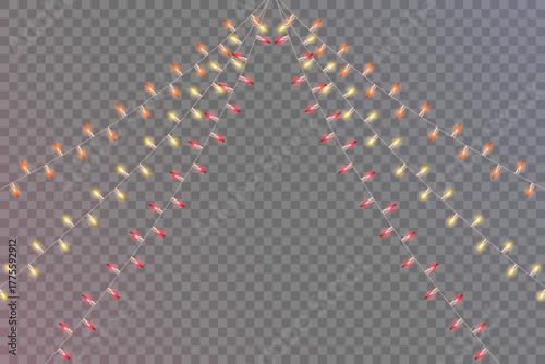 Christmas Light Garland Border PNG Overlay​, Festive String Lights Vertical Frame Template​, Multicolor Garland Border Christmas Lights