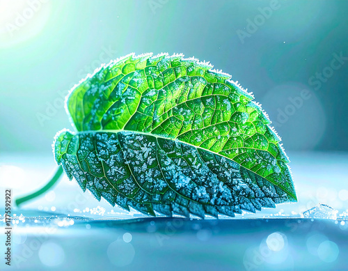 Macro Close-up of Frosted Mint Leaf with Ice Crystals