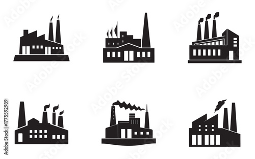 Collection of Factory Silhouette Icons Representing Industrial Production and Manufacturing Processes with Varying Architectural Styles