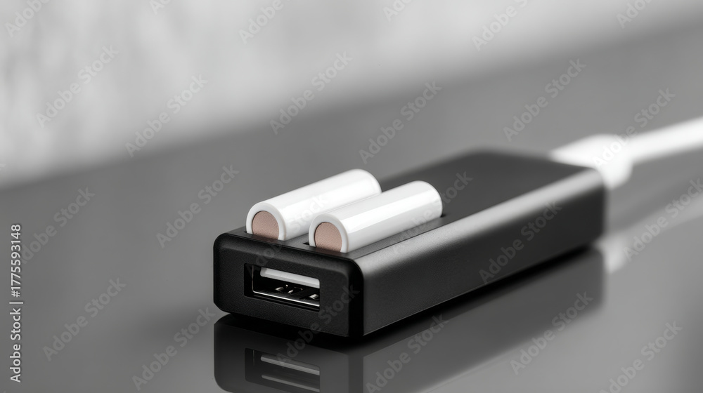 Fototapeta premium Close-up of black USB adapter with two white cylindrical batteries placed on top on reflective surface