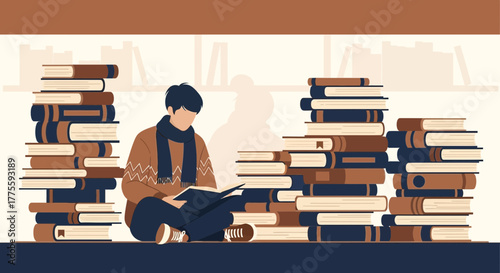 A Person Reads While Sitting Amongst Stacks Of Books On A Quiet Reading Day