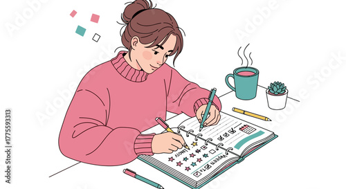 A Young Woman Designs, Plans, and Charts Using a Notebook and Beverages on a Table