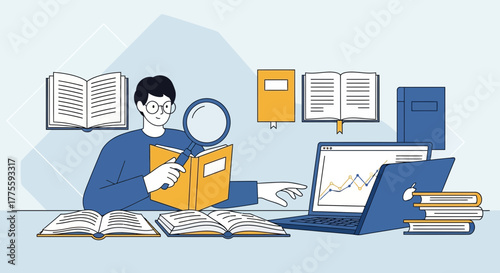 Academic Study Of Data Analysis With Books, Laptops, And Information Charts Displayed