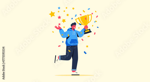 Achievement Celebration: Joyful Recipient Holding a Trophy Amidst Festive Confetti
