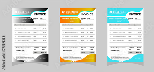 Modern and creative corporate company invoice template. Three-color variation
