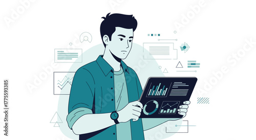 Analyst Assessing Data Visually On Tablet, Modern Business Digital Technology Illustrated