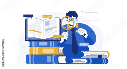 Analyst Conducting Research With Magnifying Glass Using Books To Study Information