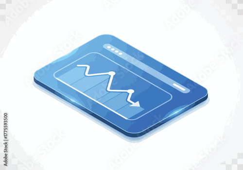 Isometric view of a digital tablet displaying downward trending financial data.