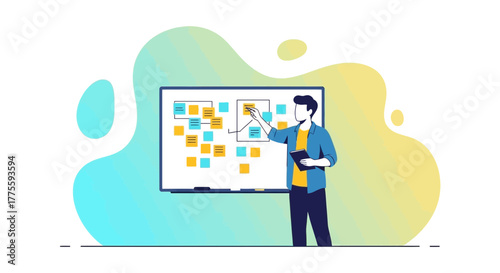 Business Leader Presenting Ideas On A Whiteboard Using Colorful Sticky Notes