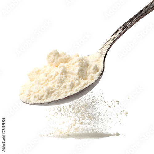Spoonful of protein powder spilling against a stark for nutrition on transparent background