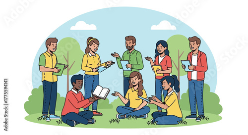 Collaborative Gathering Amidst Lush Greenery Showcasing Interaction Via Digital Devices