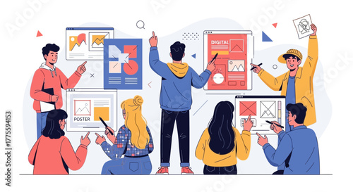 Creative Team Brainstorming Digital Design Concepts Working Together for Project Success