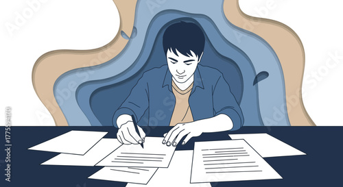 Creative Young Man Writing on Paper, Modern Abstract Art, Blue Color Scheme Composition