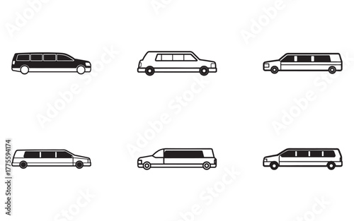 Collection of Limousine Car Vector Icons for Transportation and Luxury Service Design Projects Various Styles and Shapes Representing Elegance