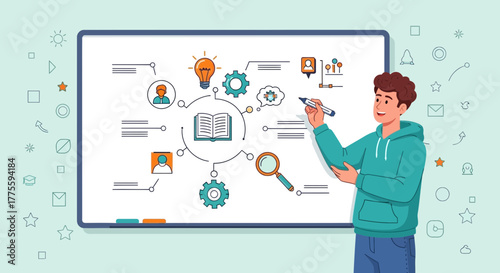 Conceptual Mind Map Illustration With Person Writing And Diagram On A Whiteboard
