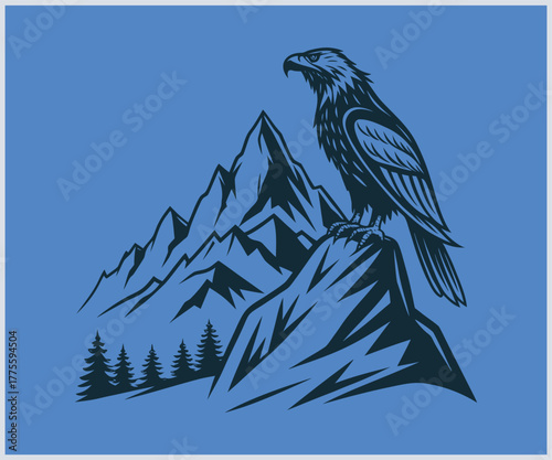 Majestic eagle perched on a rocky mountain peak with pine trees below