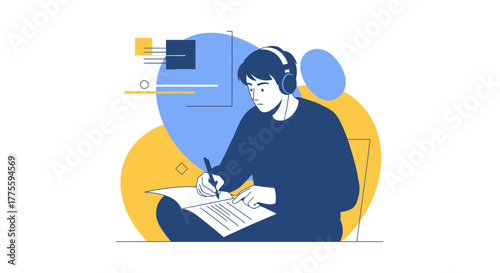 Focused Individual Immersed In Study, Listening To Audio, And Taking Notes