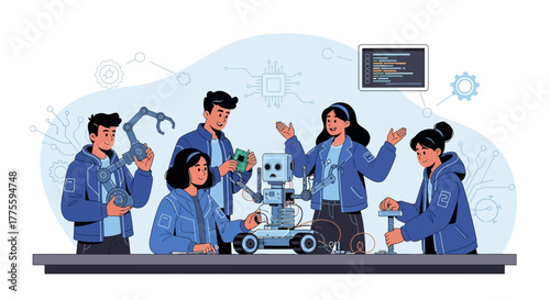 Group Of Brilliant Students Building A Robot Together With Futuristic Technology Innovation