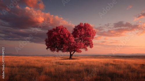 A red heart-shaped tree glows in a golden field under a colorful sunset sky, creating a warm and romantic landscape.