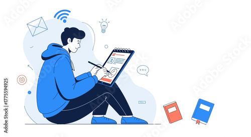 Illustration Of A Person Working With Digital Tablet And Books, Wifi Signal