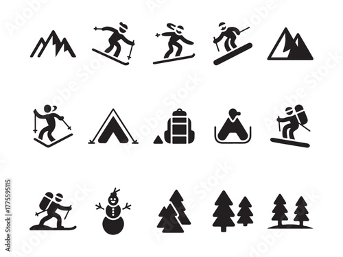 Winter Adventure Icons: A collection of meticulously crafted silhouette icons capturing the essence of winter adventures, ranging from mountain landscapes to adventurous winter sport.