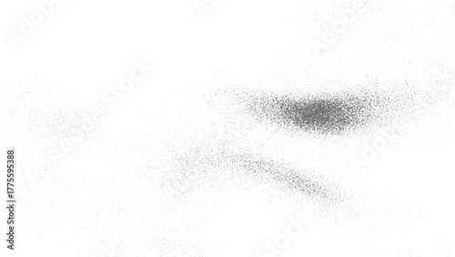 Black particles explosion creating dramatic grunge contrast on white. White textured backdrop with abstract powder burst and splash design. 