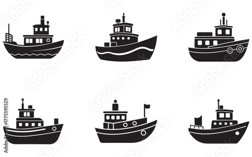 Collection of Six Black and White Boat Icons Featuring Varied Cabin and Hull Designs Vector Illustration