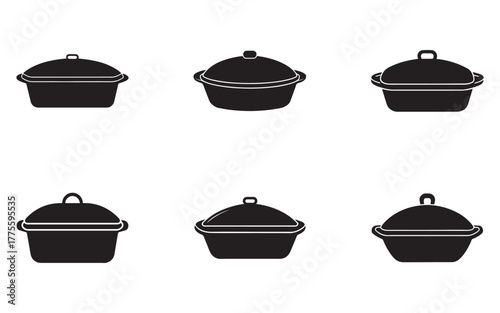 Collection of six black cookware icons arranged symmetrically for seamless pattern design and kitchen themed backgrounds featuring casserole dishes and cooking illustrations