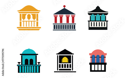 Collection of Six Different Gazebo Icon Designs with Unique Styles and Colors for Architectural and Design Projects