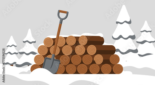 Shovel and firewood stack
