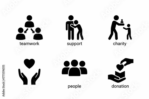 Volunteer black and white icon set. Community service and helping related line icons. teamwork, support, charity, hands, people, donation