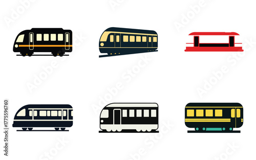 Collection of Six Train Car Icon Illustrations in Various Styles and Colors Depicting Public Transportation Solutions