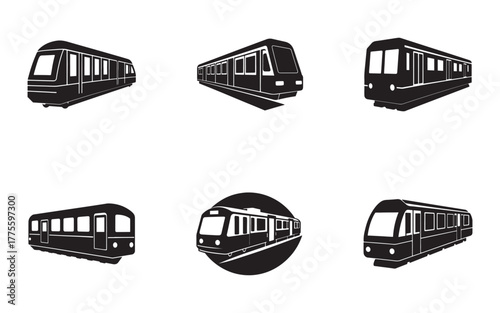 Collection of Subway Train Car Silhouettes for Urban Transportation and Public Transit Designs in Black and White Style