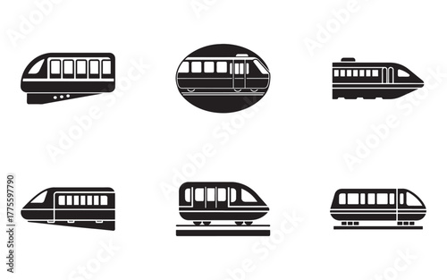 Collection of train and railway icons representing transportation and travel using public transit systems and modern high speed rail transport networks