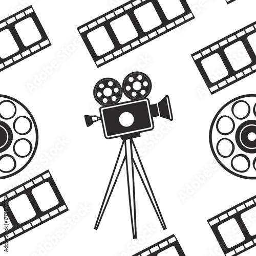 Seamless retro pattern featuring vintage movie cameras, film reels, and film strips arranged diagonally on a white background. Ideal for cinema-themed designs, evoking classic filmmaking aesthetics.