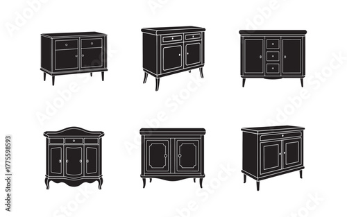 Collection of Vintage Cabinet Silhouettes in Black and White Minimalist Furniture Design for Home Decor and Interior Design Projects