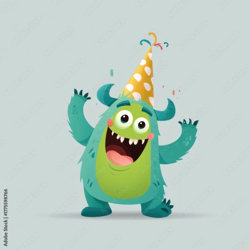 Fototapeta premium Cute monster celebrating with party hat