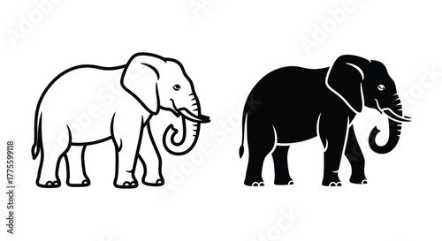 Two stylized elephant illustrations, one white outline, the other a solid black silhouette.