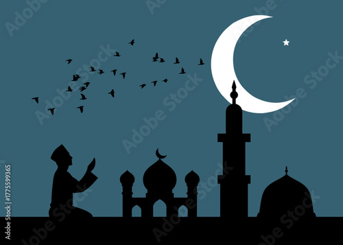 Islamic prayer silhouette at mosque under crescent moon with flying birds. Ramadan spiritual night scene.