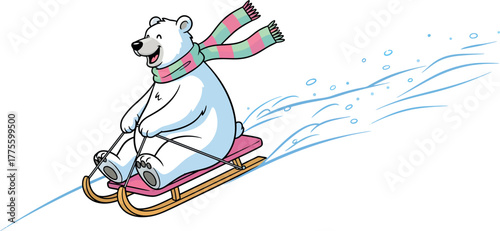 Cartoon Polar Bear Wearing a Scarf Sledding Down Snowy Hill on Pink and Brown Wooden Sled