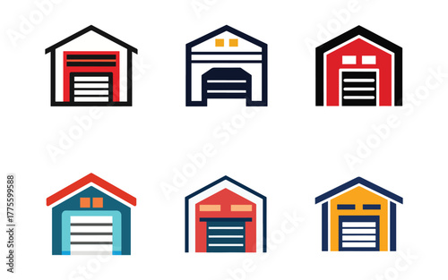 Colorful Garage Icons in a Row Illustrating Storage Units and Building Design with Different Styles and Shapes Creating a Visually Appealing Collection
