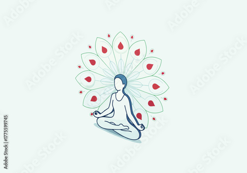 Illustration of a person in lotus position meditating with a stylized peacock feather design behind them.