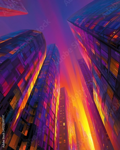Futuristic skyscrapers glowing in sunset neon sky in dramatic cyberpunk cityscape.

